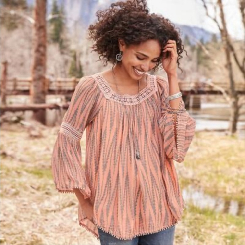 Sundance - Rosabella Peach Lace Gauze Blouse with Crochet Trim - Size M